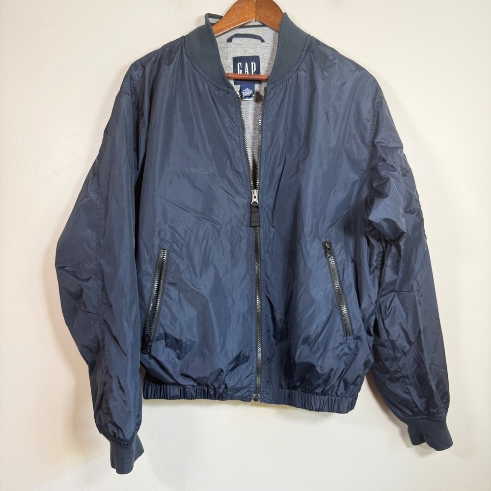 Gap Full Zip Nylon Flight Bomber Jacket Size Medium Navy Blue